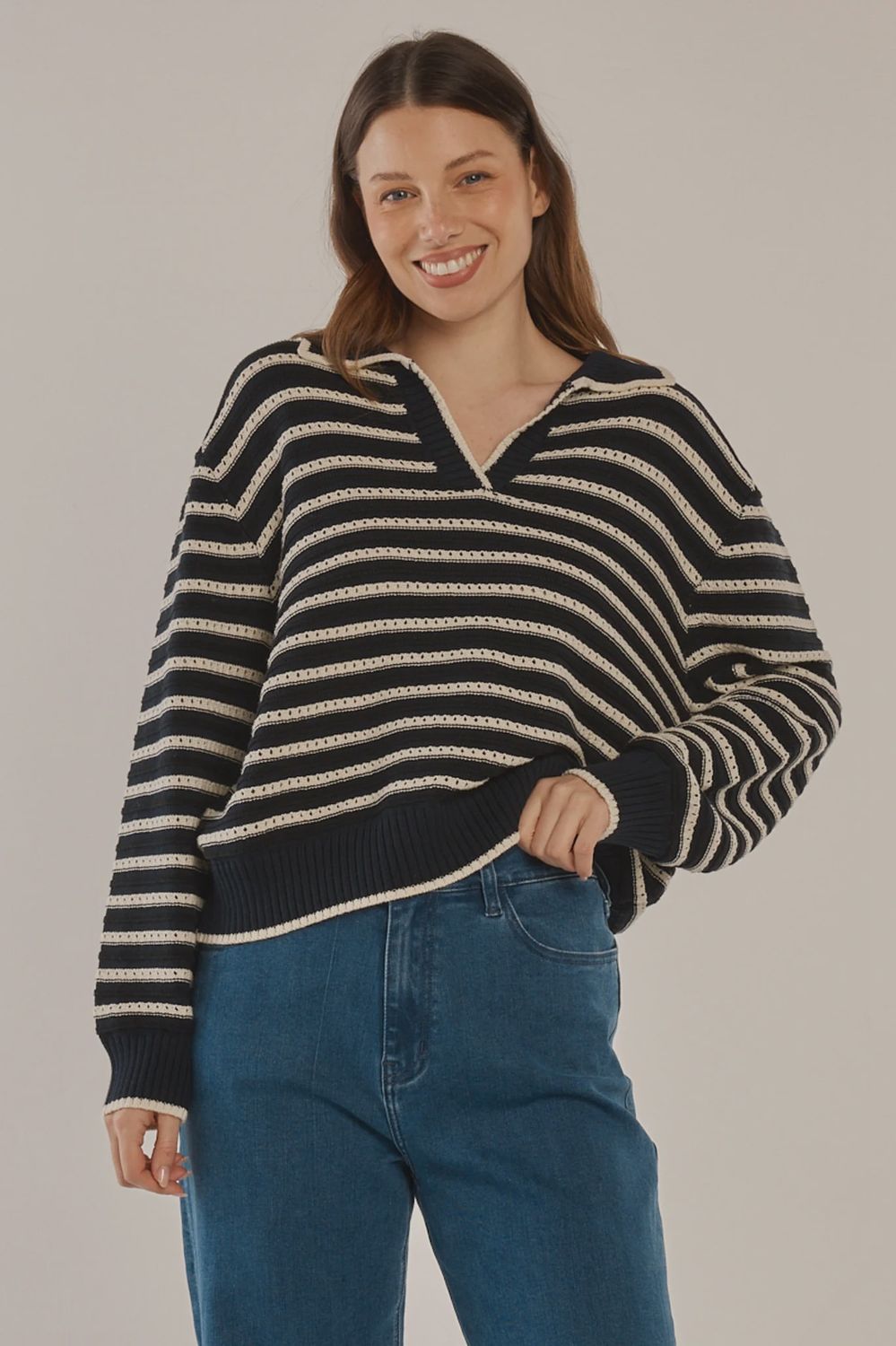 Betty Basic | Aberdeen Polo knit Sweat | Navy Stripe