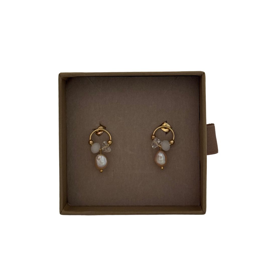 Lilio | Pink Pearl Beaded Gold Hoop Stud Earrings