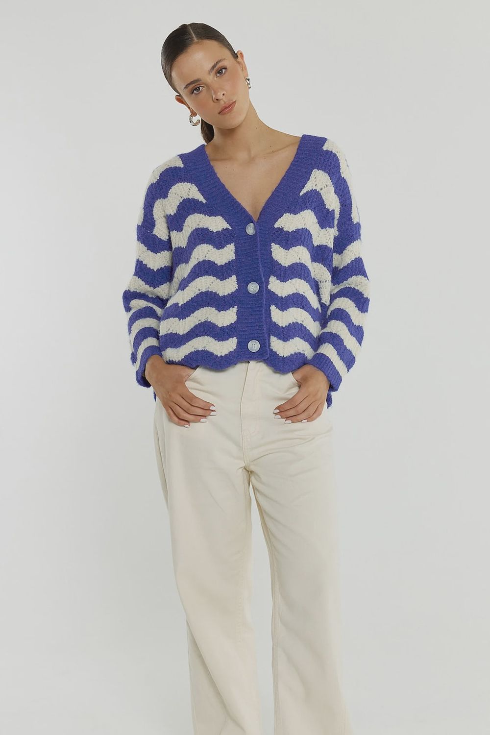 Sass | Etta Wavy Stripe Cardi | Cream/Blue