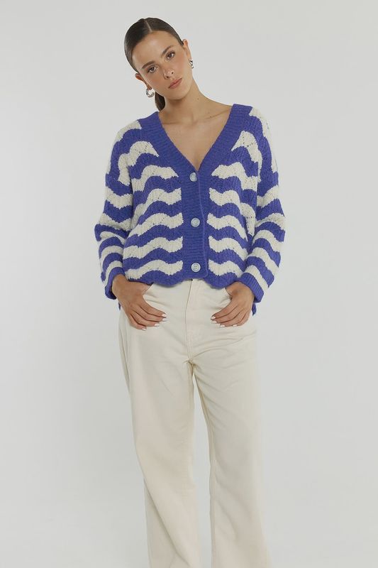 Sass | Etta Wavy Stripe Cardi | Cream/Blue