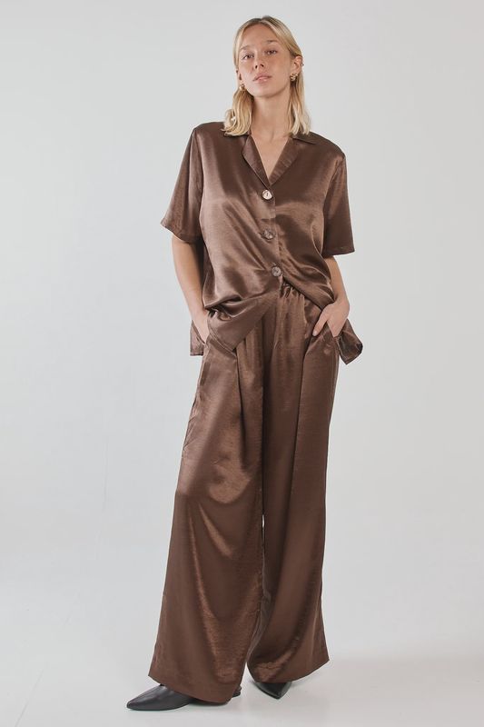 Sass | Eddy Crushed Satin Pant | Chocolate