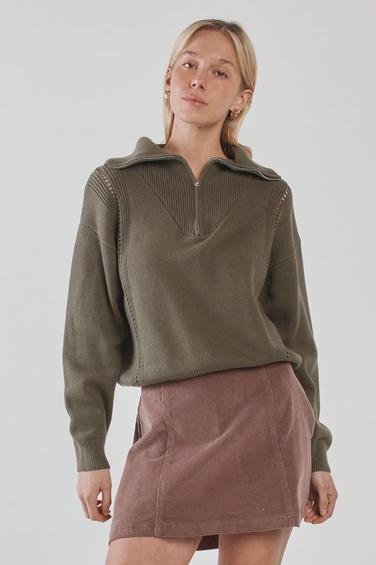 Sass | Esti Pointelle Zip Up Knit | Khaki