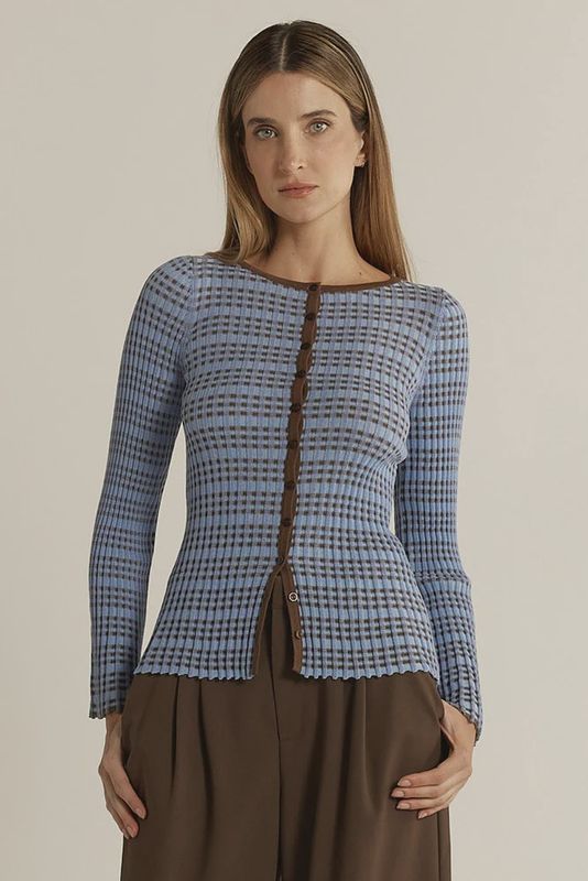 Fate and Becker | Nesta Check Knit Top | Blue and Chocolate