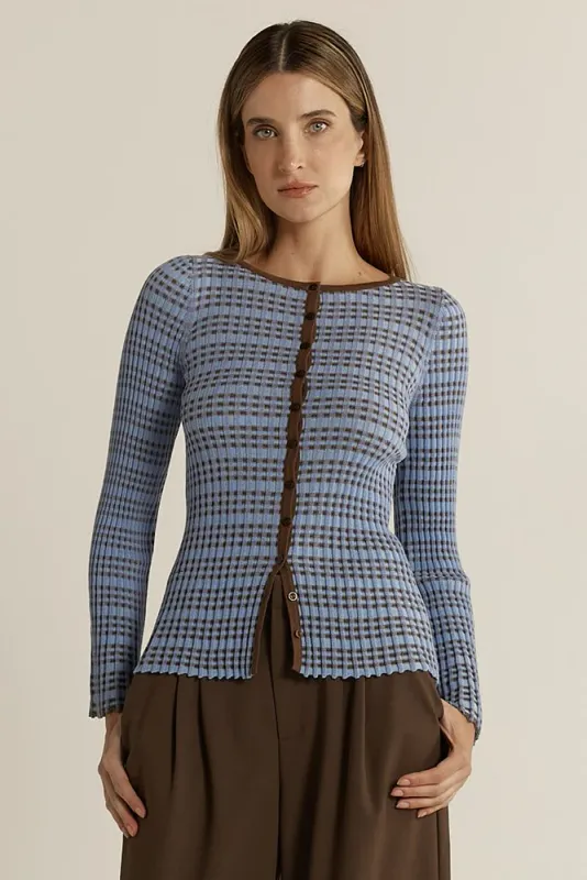 Fate and Becker | Nesta Check Knit Top | Blue and Chocolate