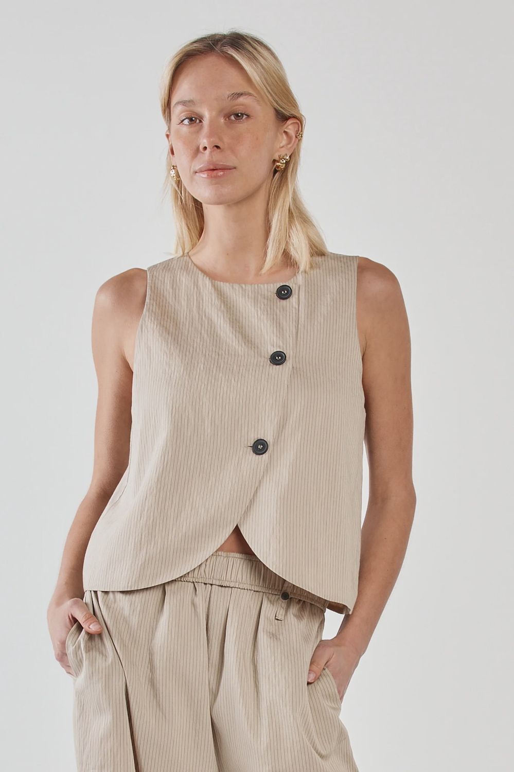 Sass | Renee Button Wrap Vest | Beige Black Stripe