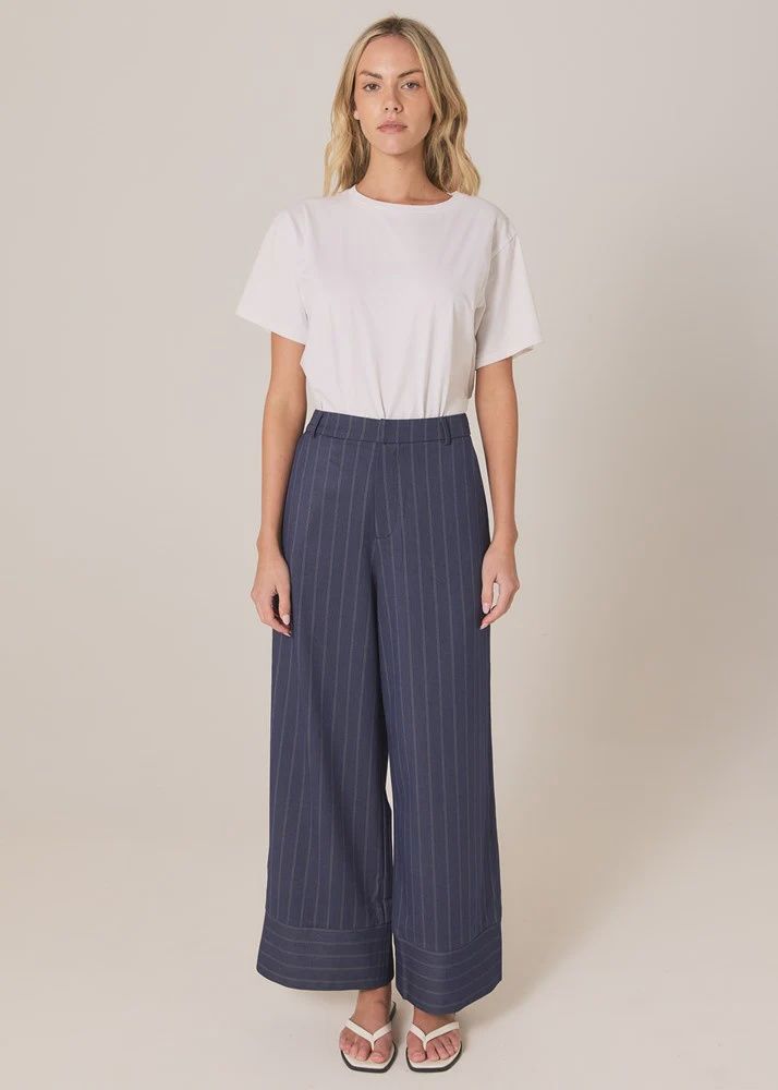 Fate + Becker | Zephyr Straight Leg Pant | Navy Pinstripe
