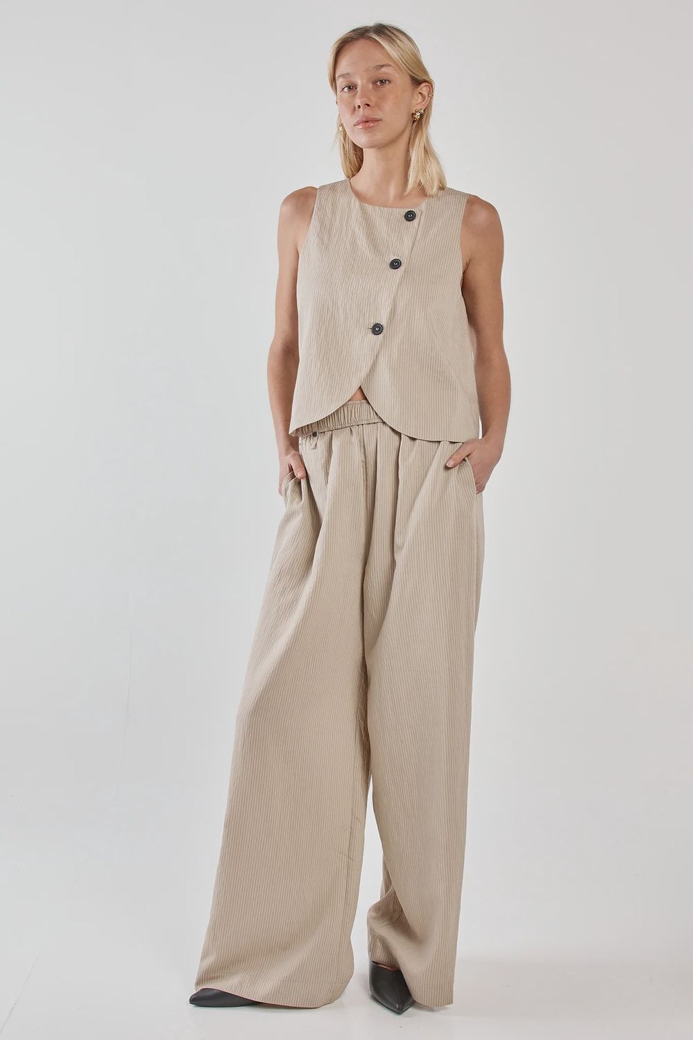 Sass | Renee Paper Bag Pant | Beige Black Stripe