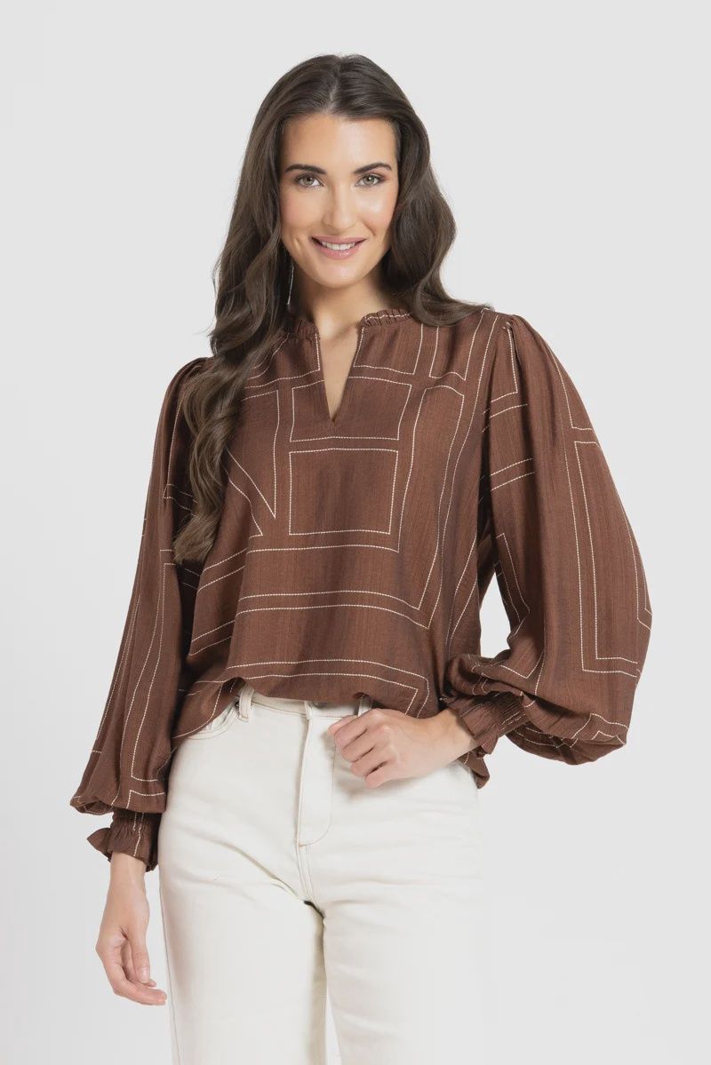Leila + Luca | LS Movement Blouse | Caramel Geo