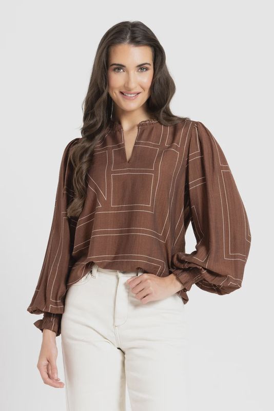 Leila + Luca | LS Movement Blouse | Caramel Geo