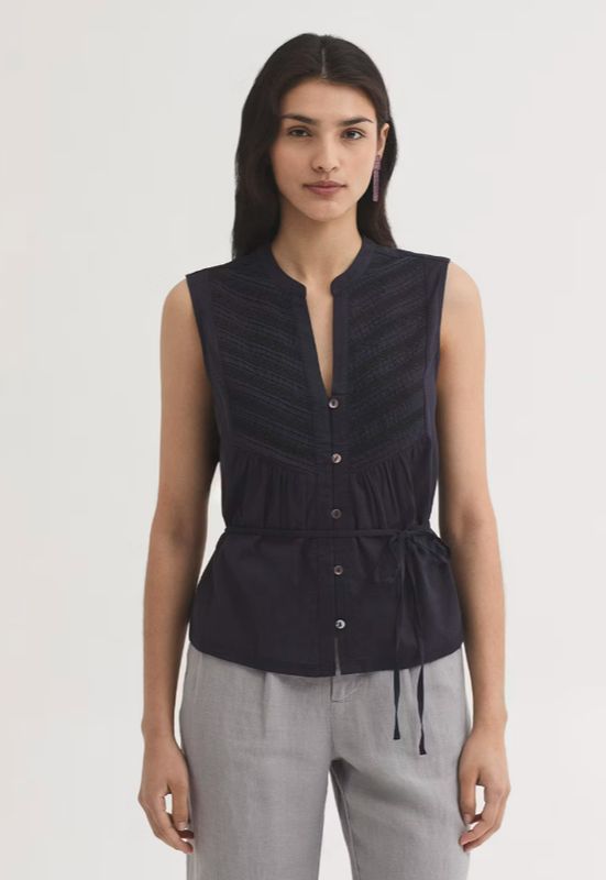 Nice Things | Blend shirt with lace edging | Navy