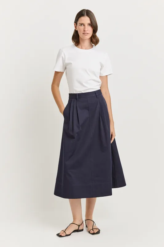Toorallie | Pleat Detail Midi Skirt | Navy