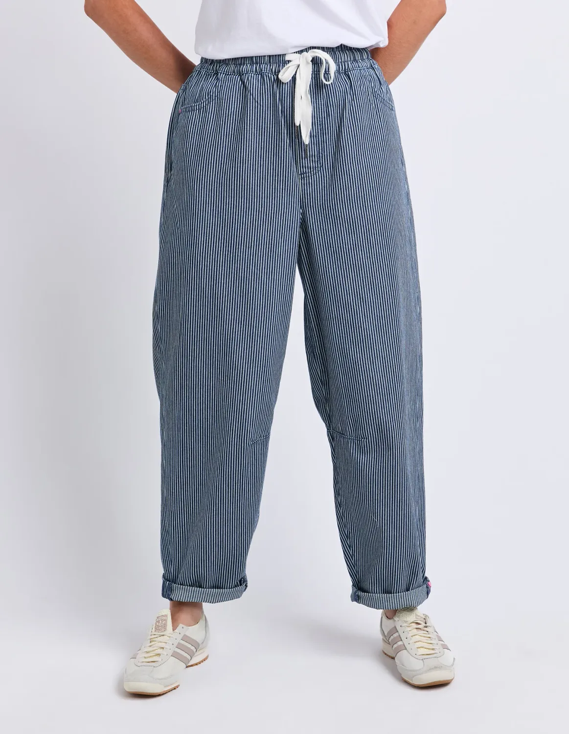 Elm | Penny Pinstripe Barrel Jogger | Blue and White Stripe