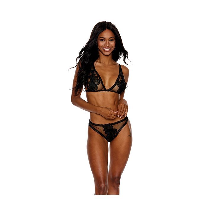 Shirley of Hollywood Mesh Bra w/Floral Embroidered Cups &amp; Crotchless Panty, Size: SM
