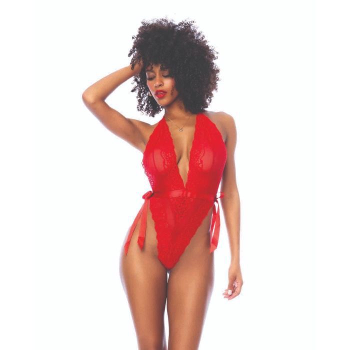 Red Lace Deep-V Halter Teddy w/Hook and Eye Crotch Closure, Size: s-m