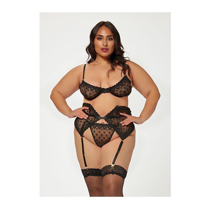 Seven Til Midnight Heart Embroidered Mesh Bra, Garter Belt &amp; Panty