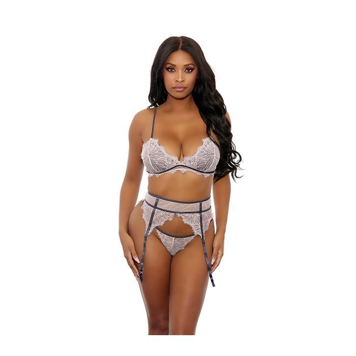 Floral Lace Bra, Cage Garter Belt &amp; G-String - Dusty Pink