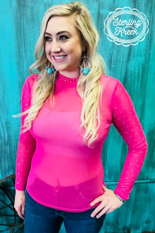 Pink Rhinestone Mesh Long Sleeve