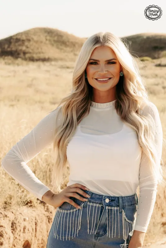 White Rhinestone Mesh Long Sleeve