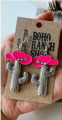 Cactus Cowboy Hat Dangle Earrings - Pink