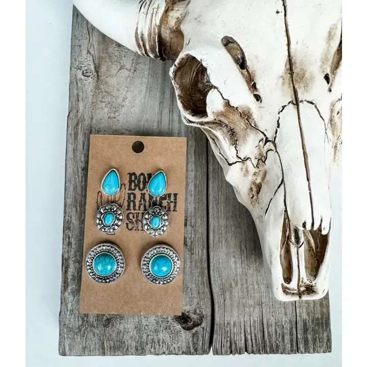 Western 3 Pair Conch Earring Set - Teal