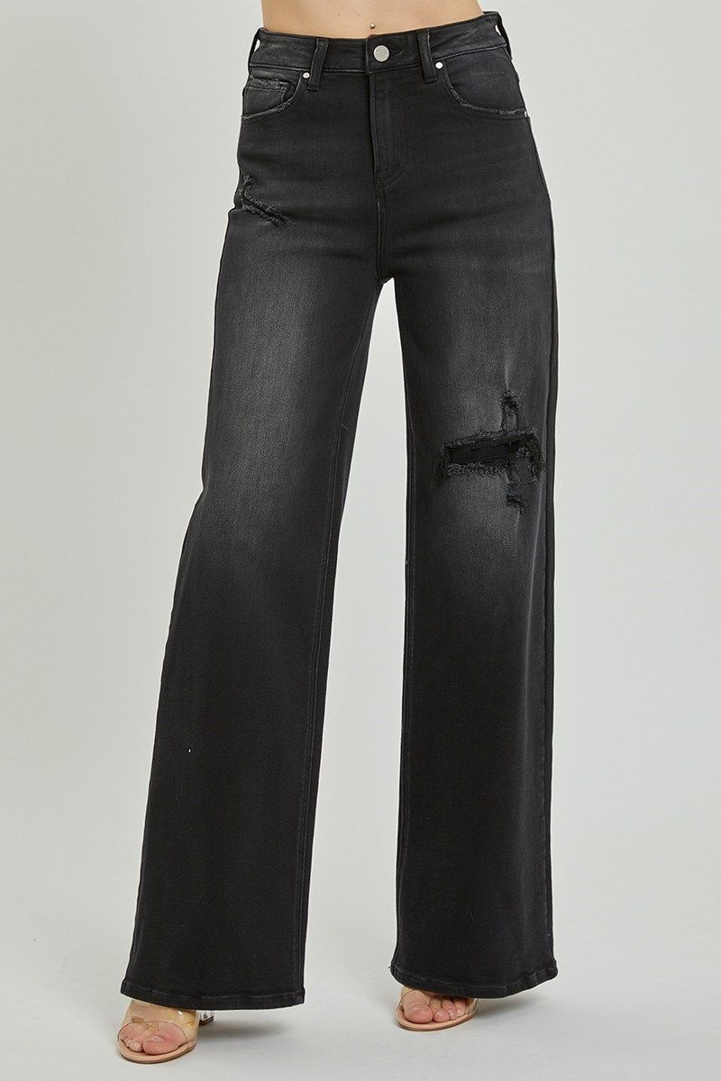 High Rise Distressed Wide Leg Jeans