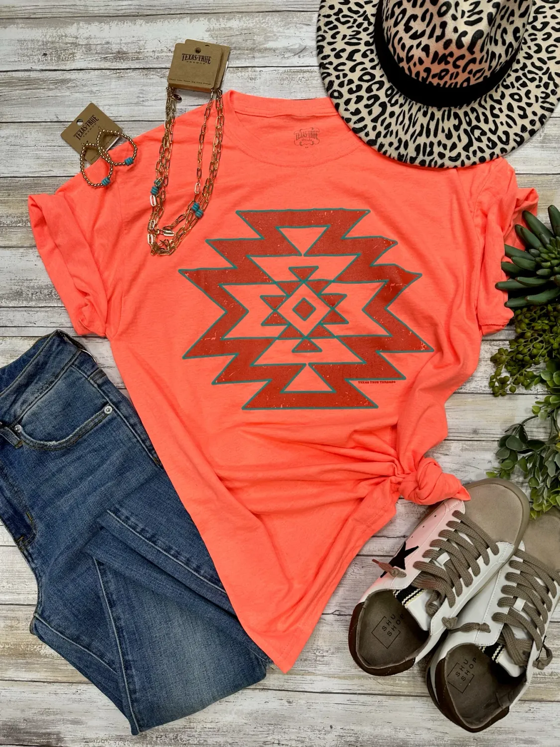 Coral Aztec Puff Tee