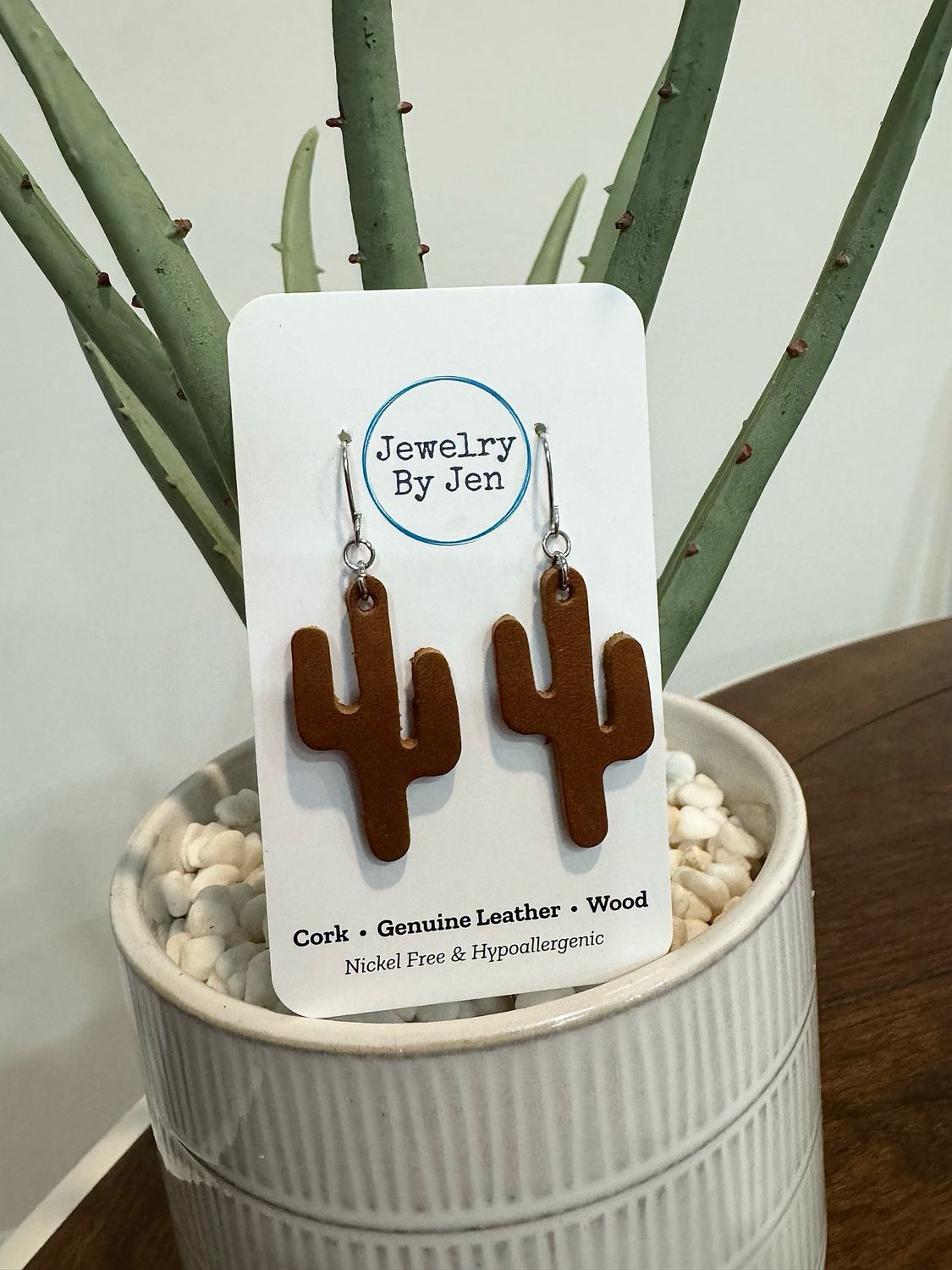 Cognac Cactus Leather Earrings