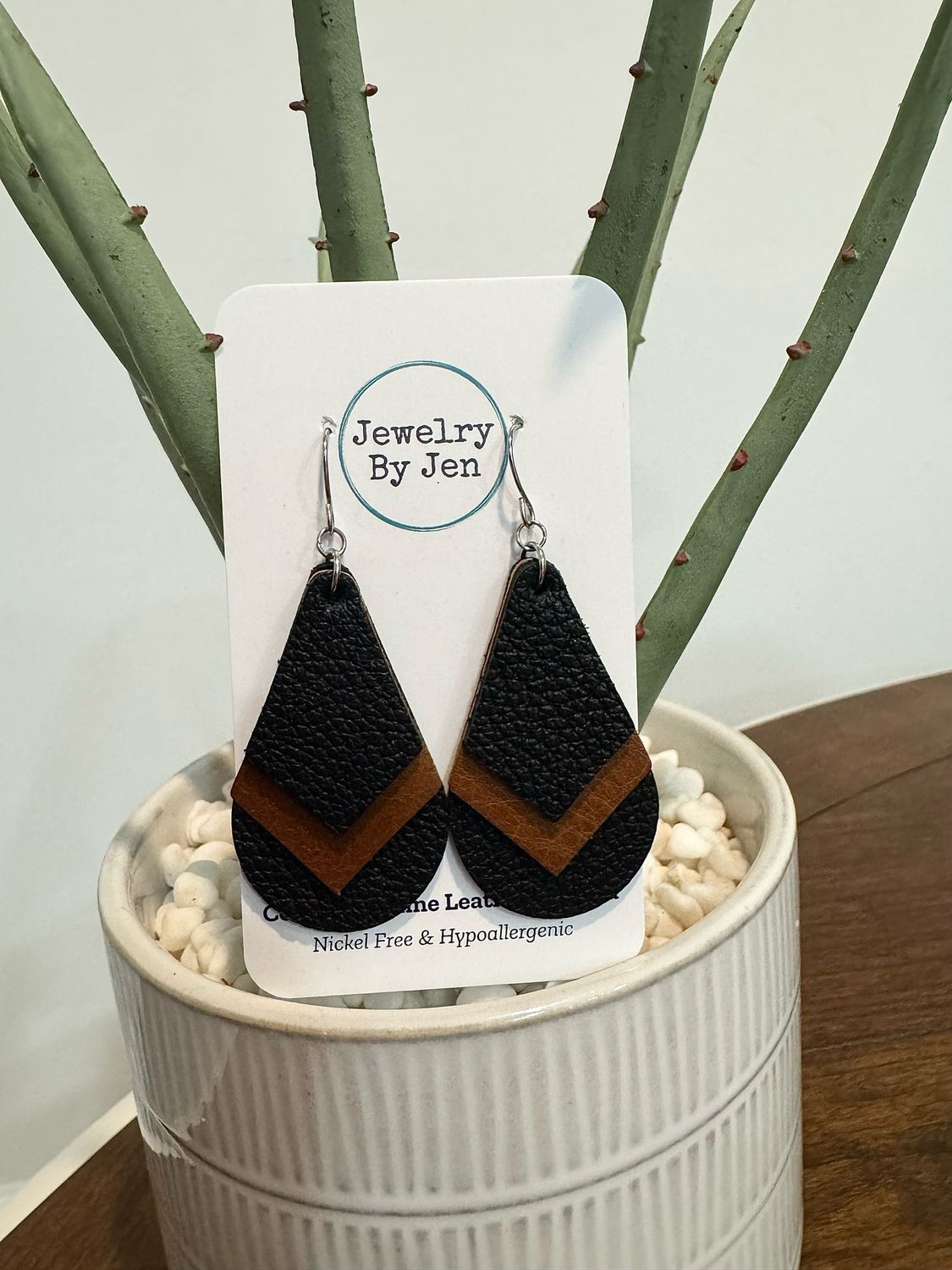 Triple Stacked Black Leather Earrings