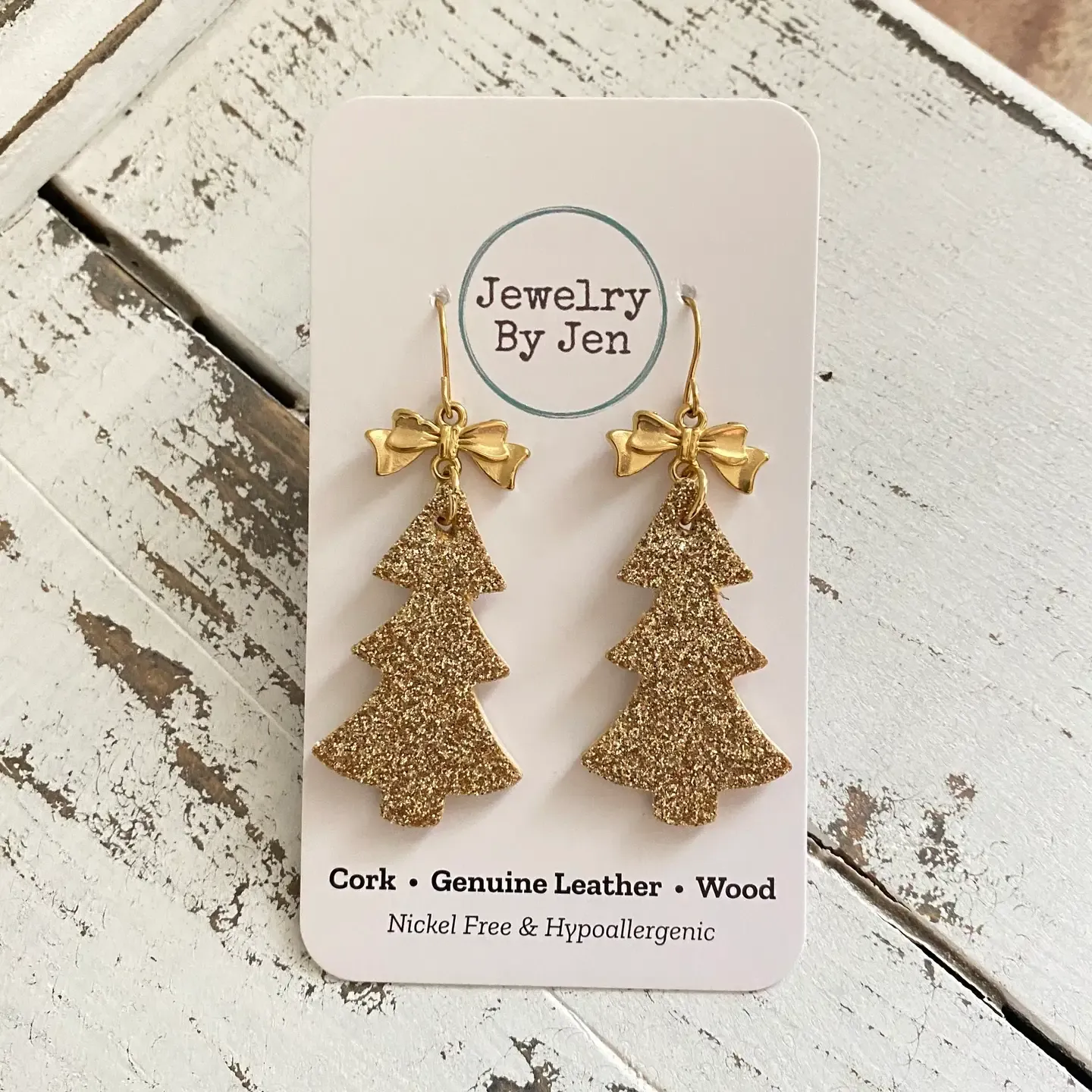Gold Glitter Christmas Tree Earrings