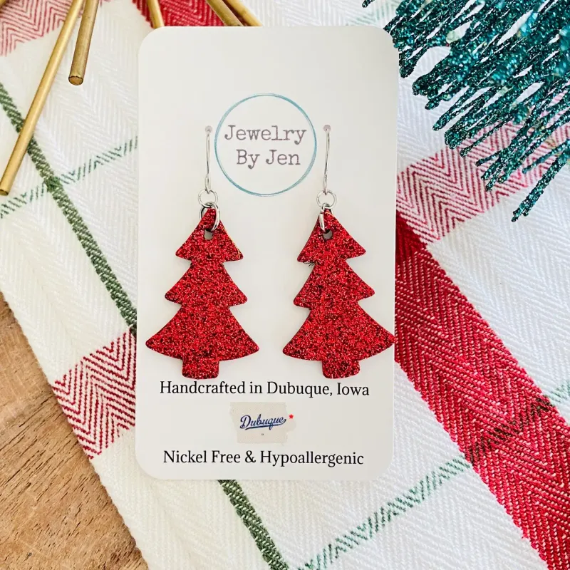 Red Glitter Christmas Tree Earrings