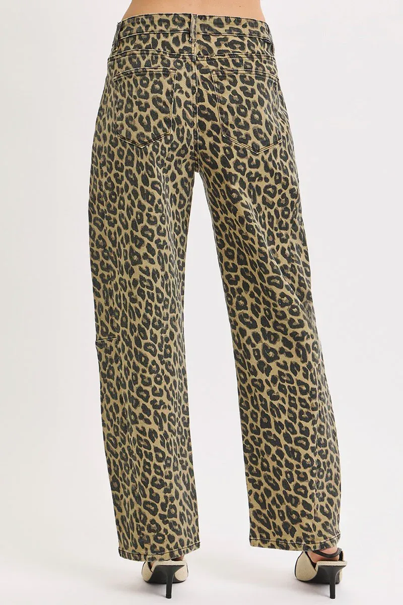 High Rise Leopard Barrel Jeans