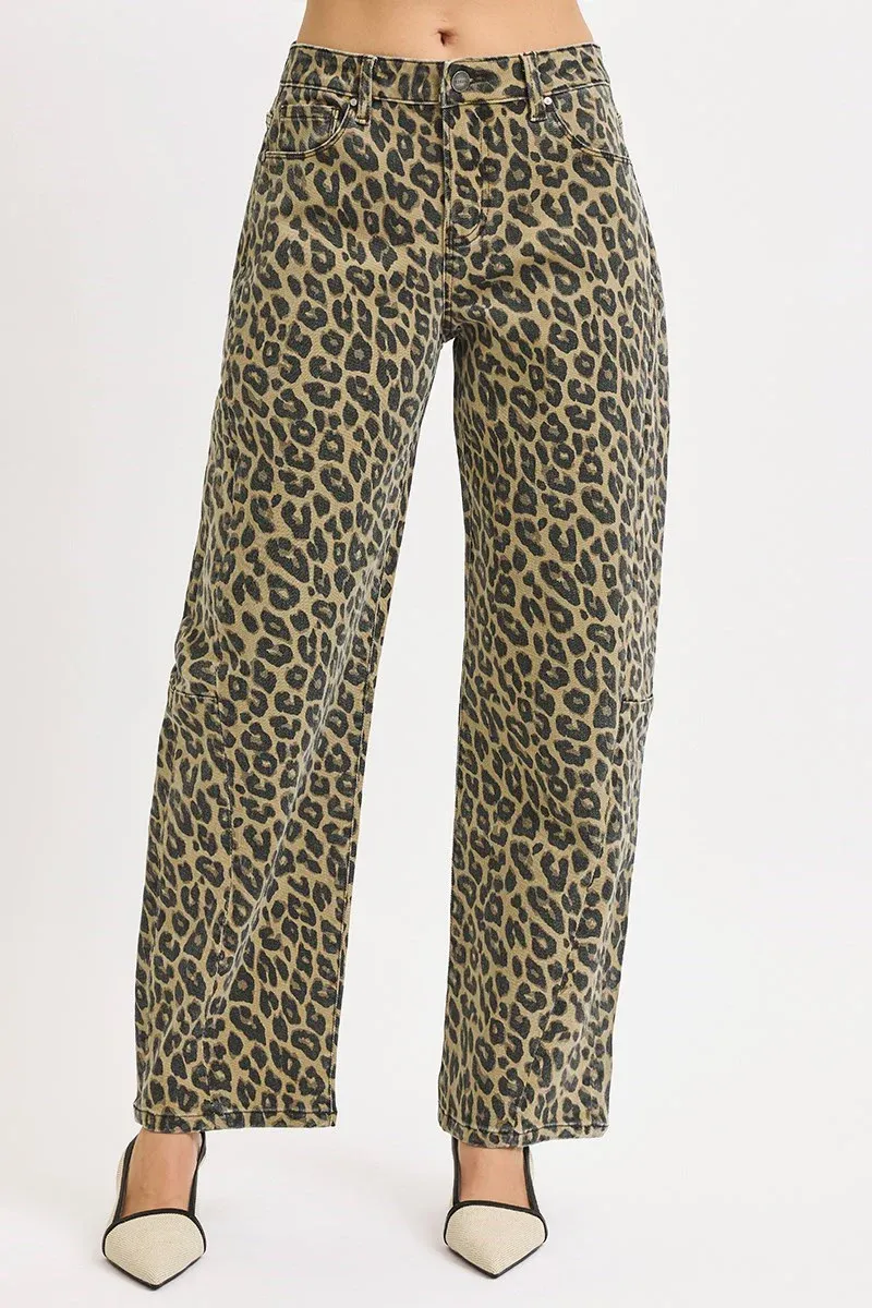 High Rise Leopard Barrel Jeans