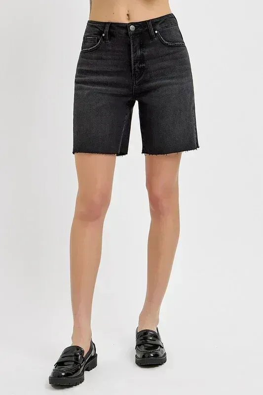 Tummy Control Mid Length Raw Hem Shorts - Black