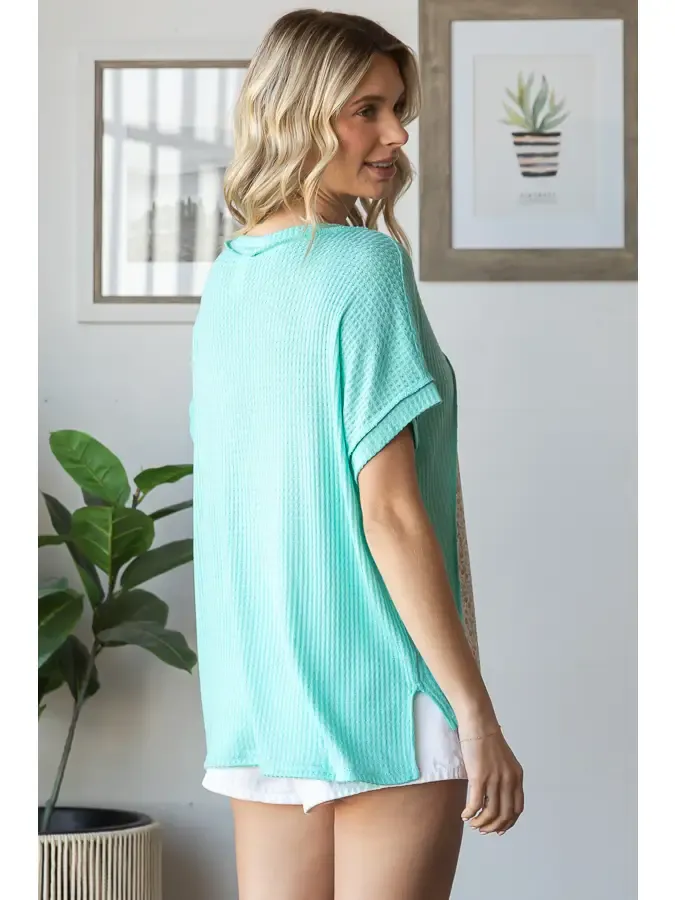 Teal Patchwork Fabric V Neck