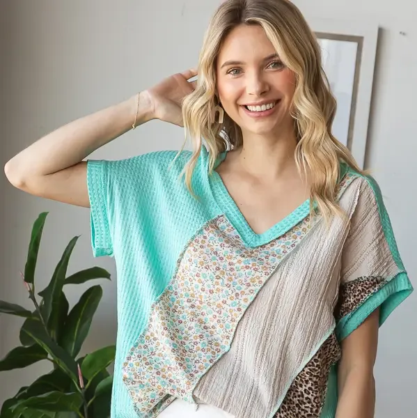 Teal Patchwork Fabric V Neck