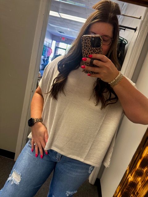 Taupe/White Ribbed Top