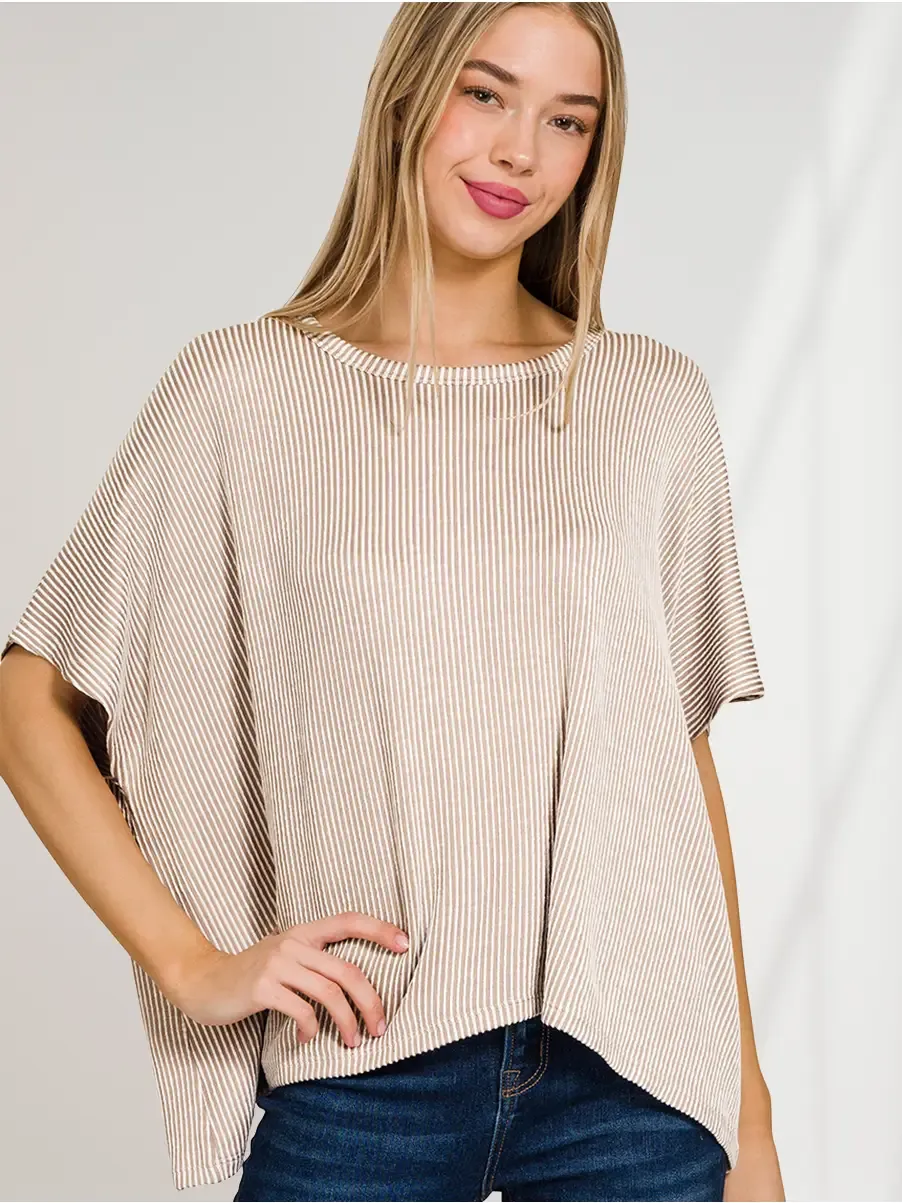 Taupe/White Ribbed Top