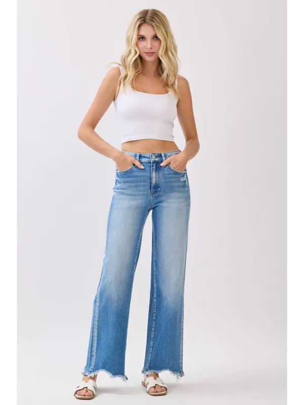 High Rise Stretch Destroyed Hem Wide Leg