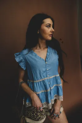 Denim &amp; Lace Ruffle Top