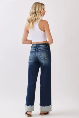 High Rise Stretch Wide Leg Cuffed Hem Jeans