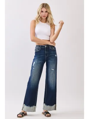 High Rise Stretch Wide Leg Cuffed Hem Jeans