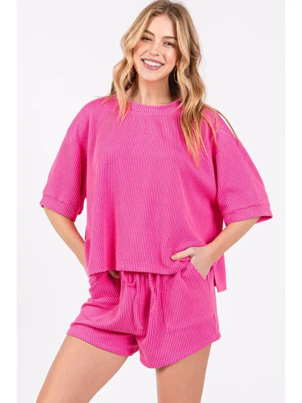 Hot Pink Ribbed Lounge Set