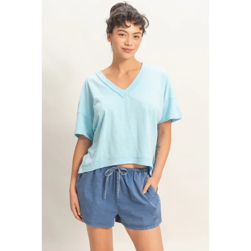 Oversized V Neck Blue Top