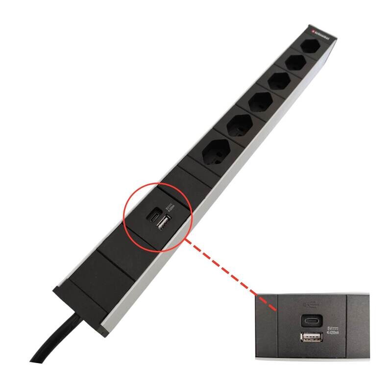 Steckdosenleiste 19&quot; 1HE, 6 x T23 schwarz, USB-Charger A+C