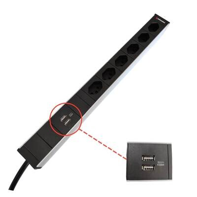 Steckdosenleiste 19" 1HE, 6 x T23 schwarz, USB-Charger A+A