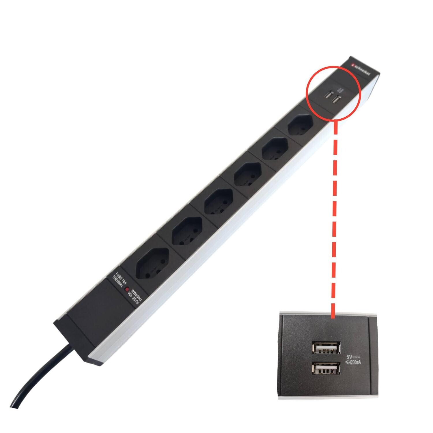 Steckdosenleiste 19&quot; 1HE, 6 x T13 schwarz, USB-Charger A+A, Thermal Fuse 10A