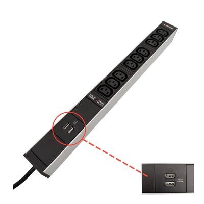 Steckdosenleiste 19" 1HE, 9 x C13 schwarz, USB-Charger A+A, Thermal Fuse 10A
