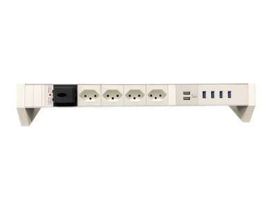 PDU Desk-Line 1HE, 4 x T13 weiss, 2-fach USB Charger A+C, 4-fach USB HUB, 1x Schalter, Thermal Fuse 10A