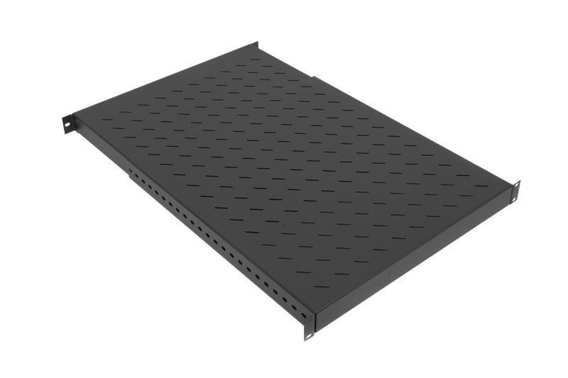 19" Tablar 1HE verstellbar 500-900mm, 150kg, RAL9005, an 4 Profilen montiert