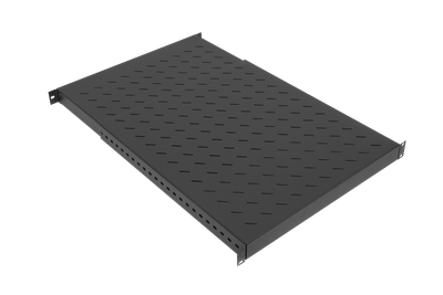 19" Tablar 1HE verstellbar 500-900mm, 150kg, RAL9005, an 4 Profilen montiert